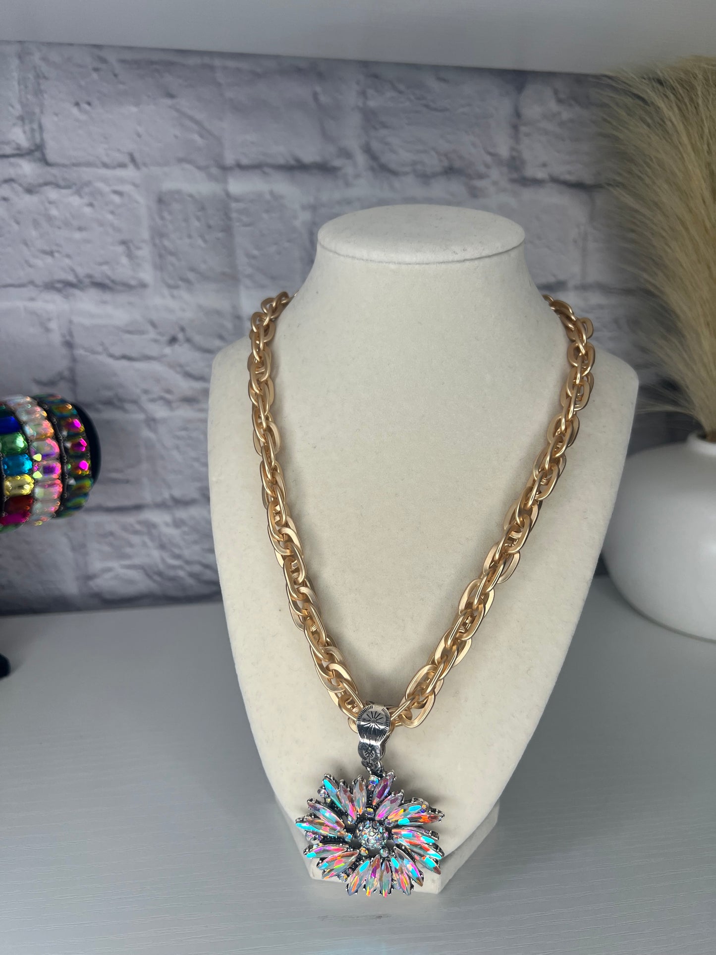 AB Flower Necklace on Gold Chunky Matte Chain
