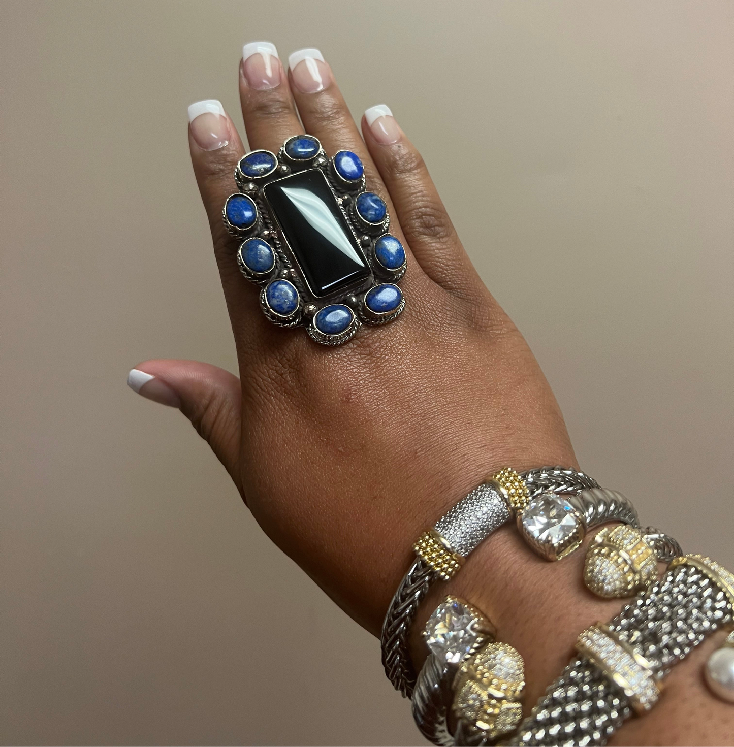 Tibet Black Onyx & Blue Stone Adjustable Ring