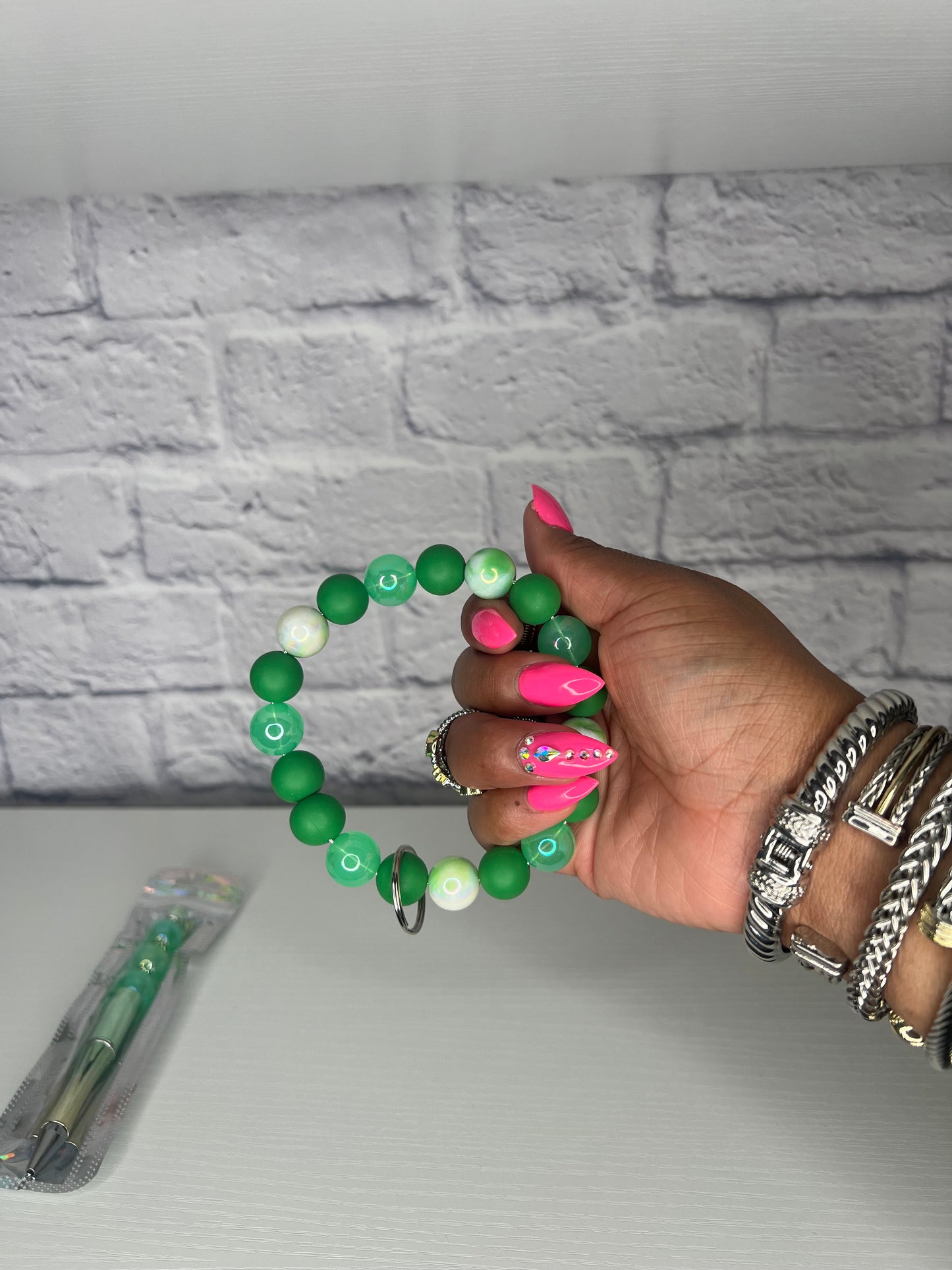 Green & White Keychain Wristlet Keychain with Pen