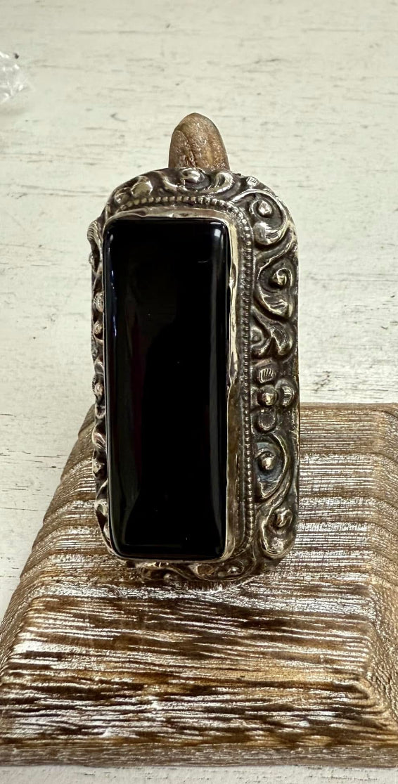 Authentic Tibetan Black Onyx Statement Ring – Handcrafted in Tibet