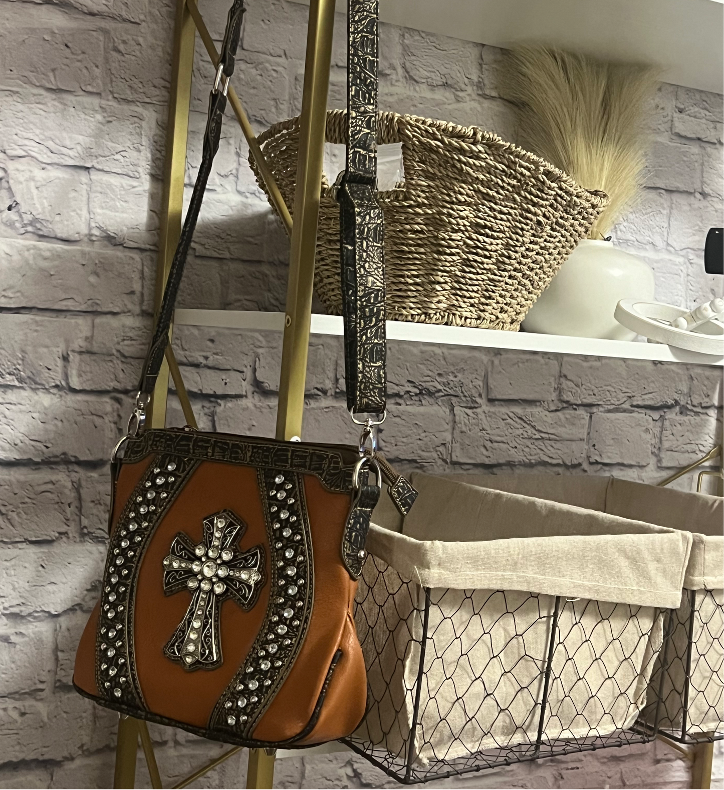 Western Brown Leather Bling CrossBody Purse