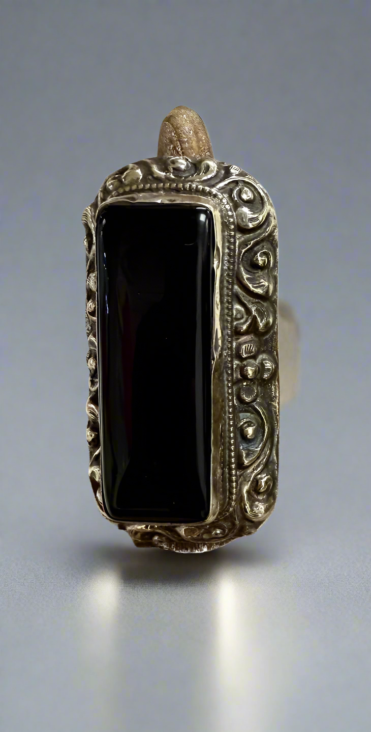 Authentic Tibetan Black Onyx Statement Ring – Handcrafted in Tibet