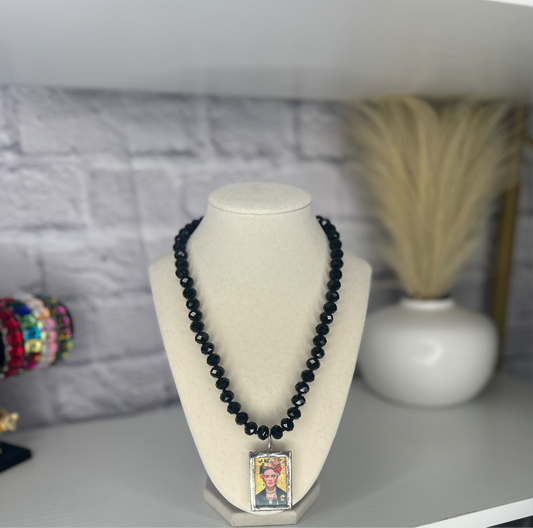 Frida Kahlo Necklace on Black Crystals