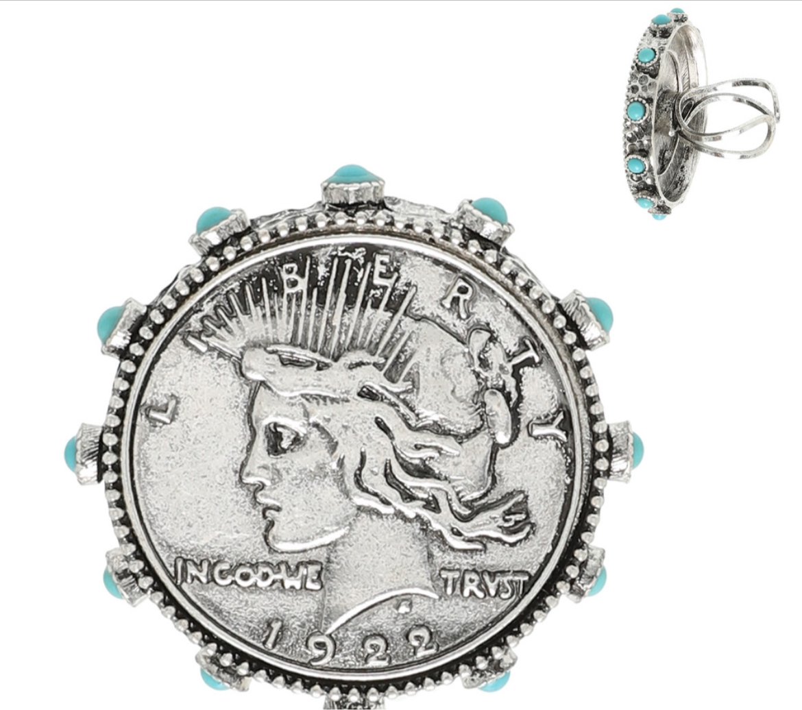 Turquoise Lady Liberty Coin Ring
