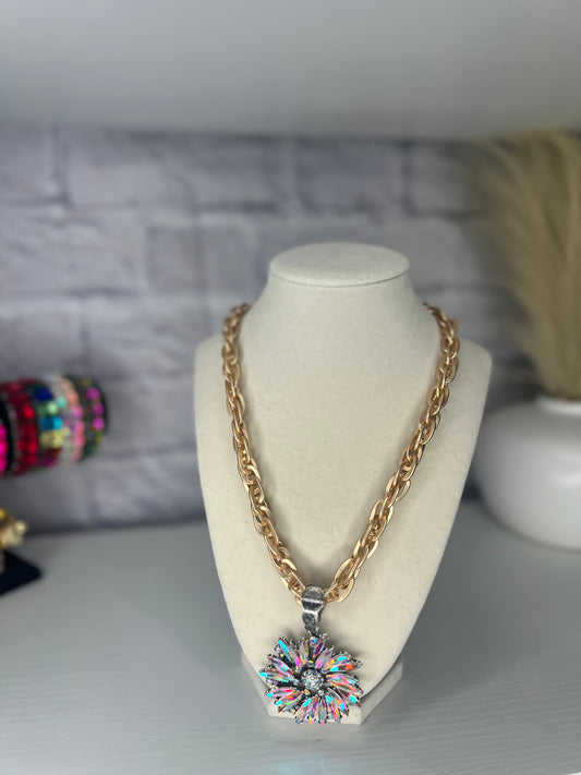 AB Flower Necklace on Gold Chunky Matte Chain