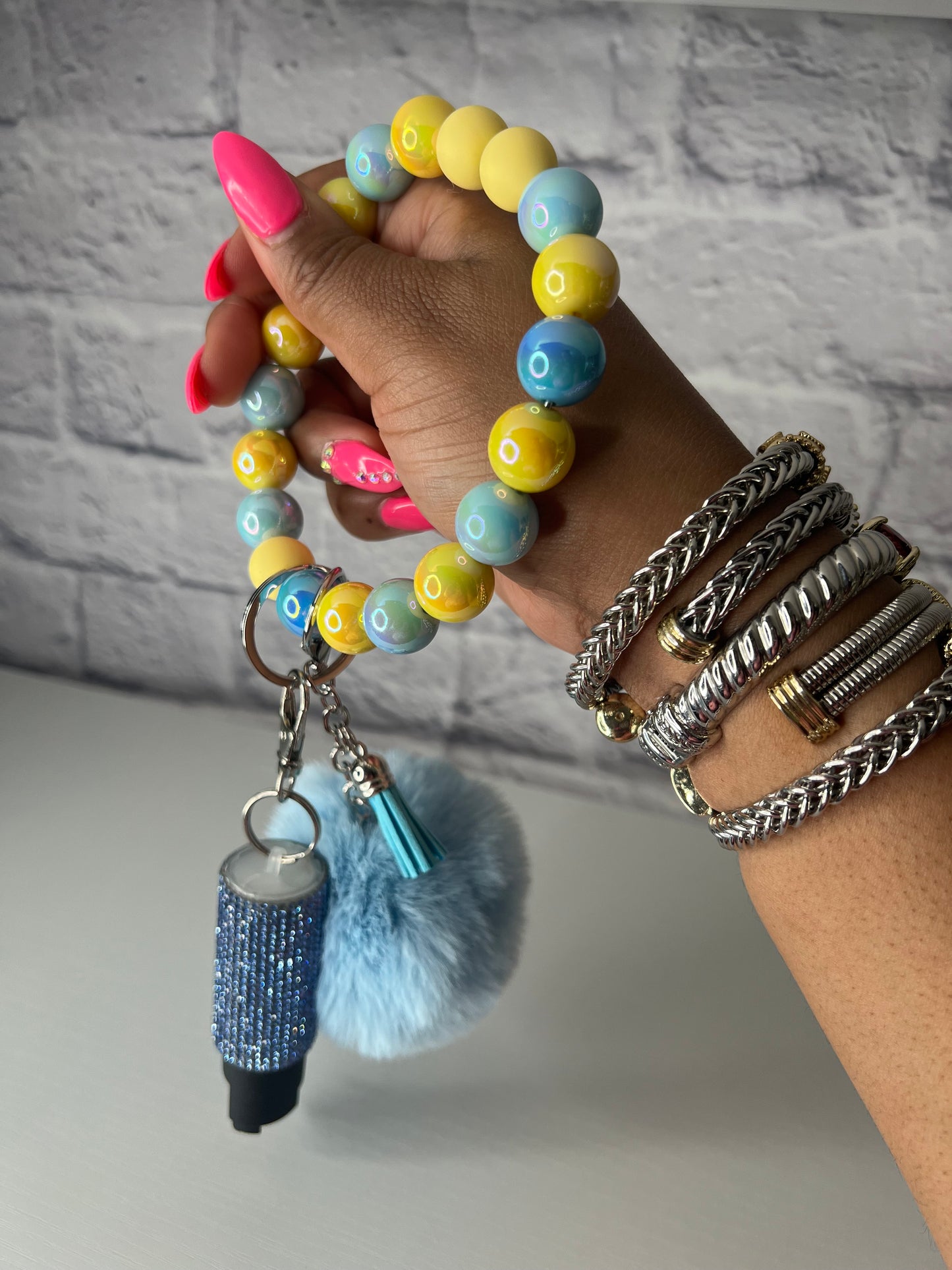 Yellow & Sky Blue Keychain Wristlet with Pepper Spray