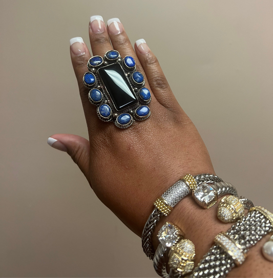 Tibet Black Onyx & Blue Stone Adjustable Ring