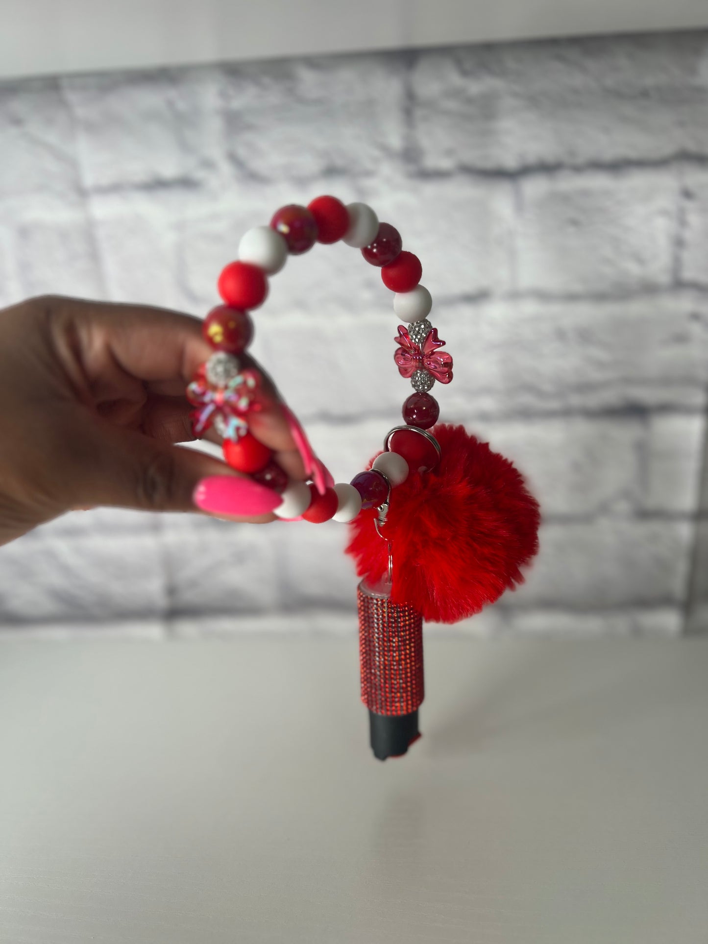 Red & White Bow Keychain Wristlet with Pepper Spray