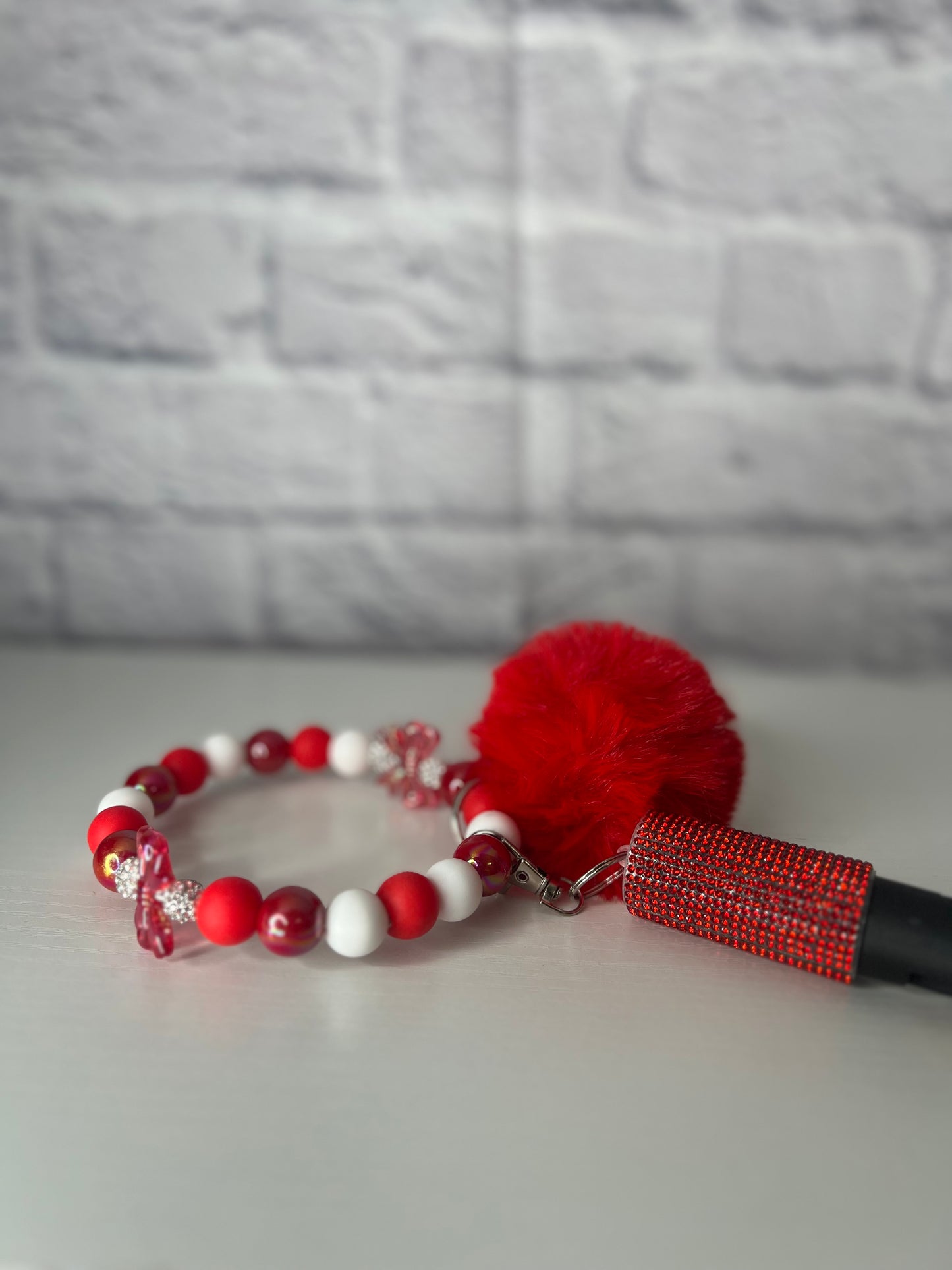 Red & White Bow Keychain Wristlet with Pepper Spray
